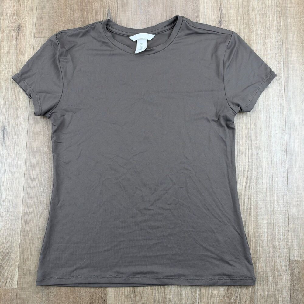 H&M Women's Medium M Charcoal Gray/Brown Fitted Short Sleeve Stretchy Shirt